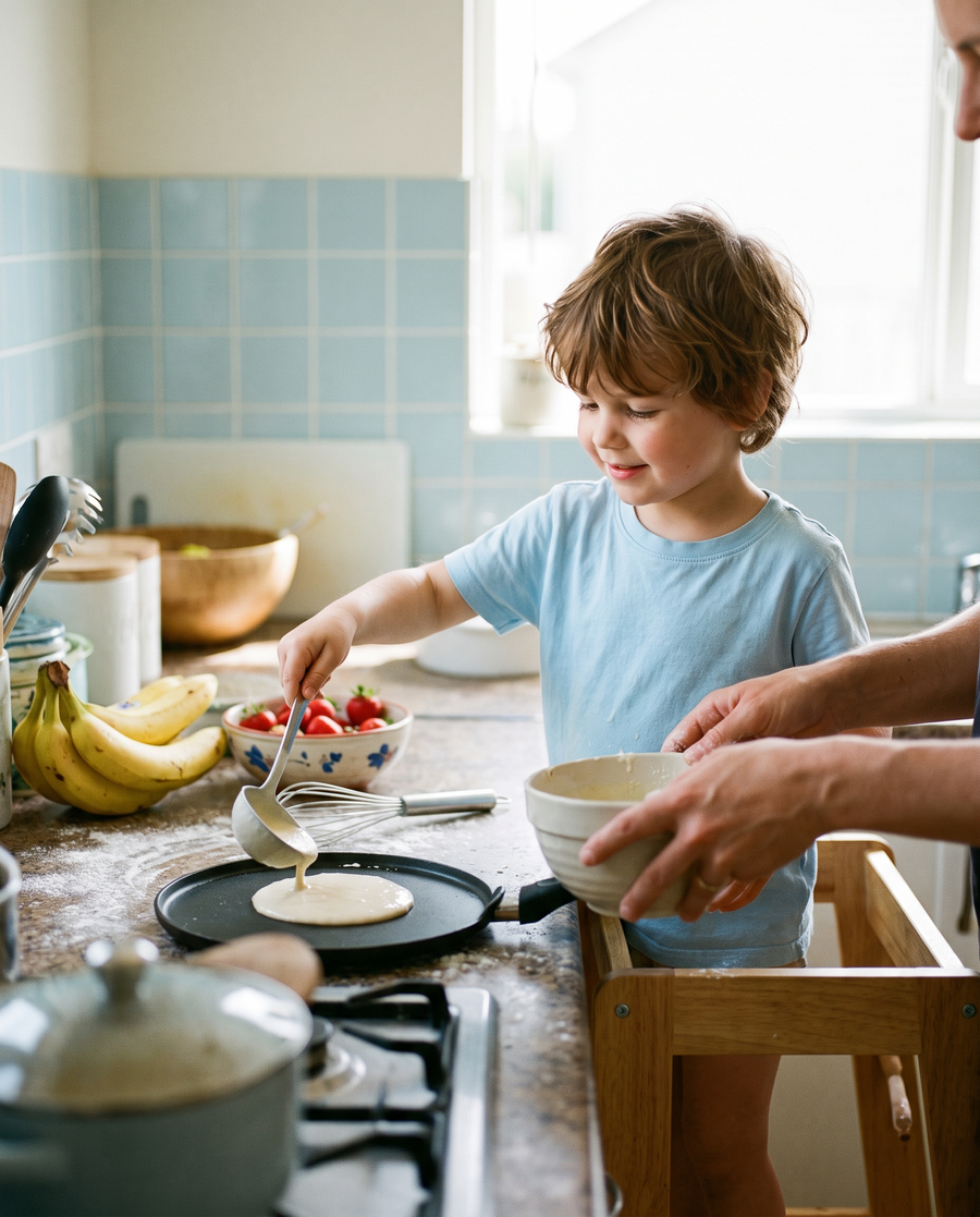 Niño ayudando a preparar panqueques / tortitas
